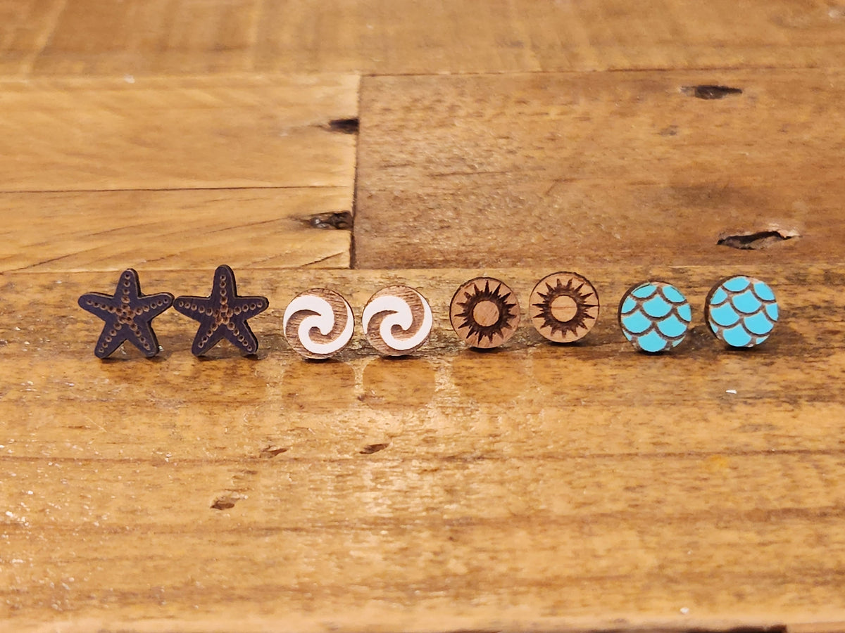 Handmade Wooden Stud Earrings: Ocean Theme, Hypoallergenic