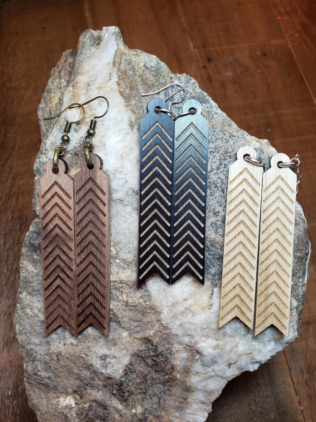 Laser Engraved Wood Arrow Earrings: Long Geometric Dangles