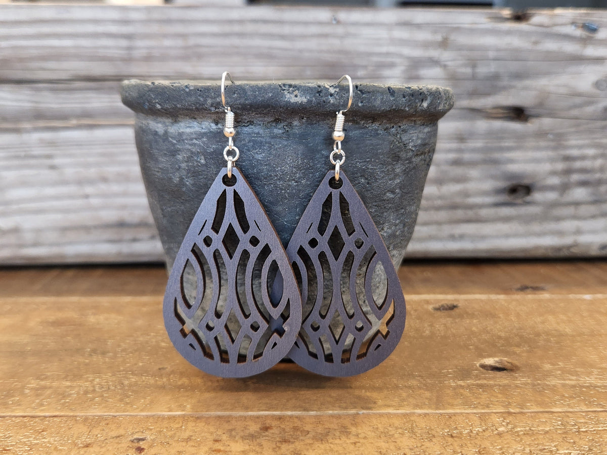 Handmade Laser Cut Teardrop Earrings: Intricate Wood Design