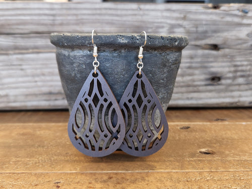 Handmade Laser Cut Teardrop Earrings: Intricate Wood Design
