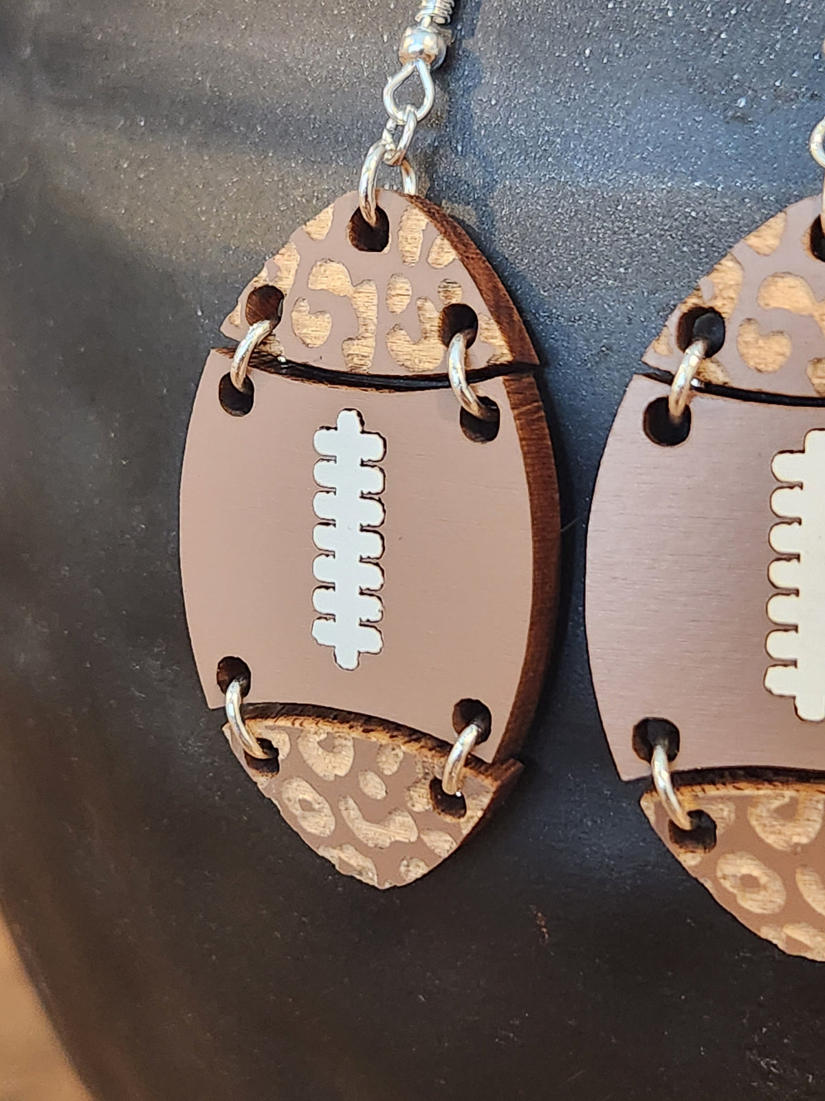 Football Dangle Earrings: Brown Lacquered Wood, Cheetah Print