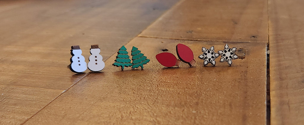 Holiday Wood Stud Earrings: Snowman, Tree, Light, Snowflake - Set of 4
