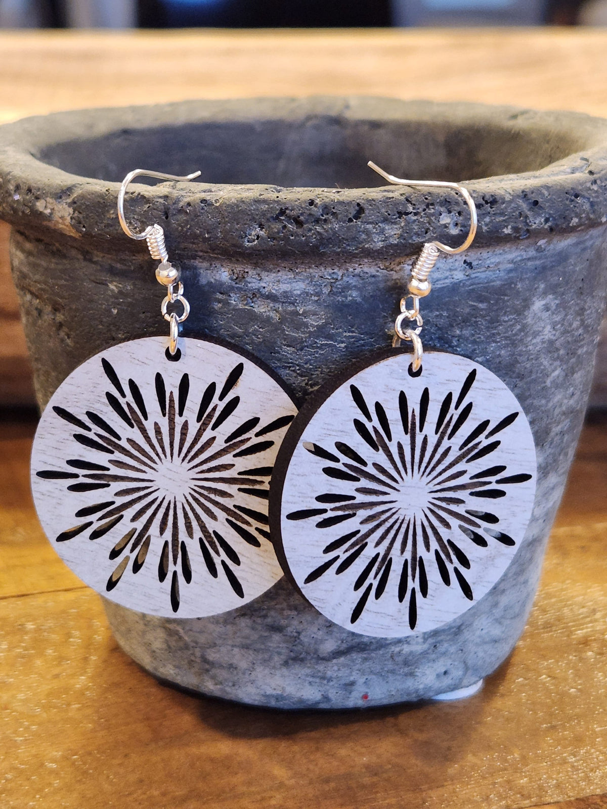 Laser Cut Wood Earrings: Burst Dangles, Hypoallergenic Hooks