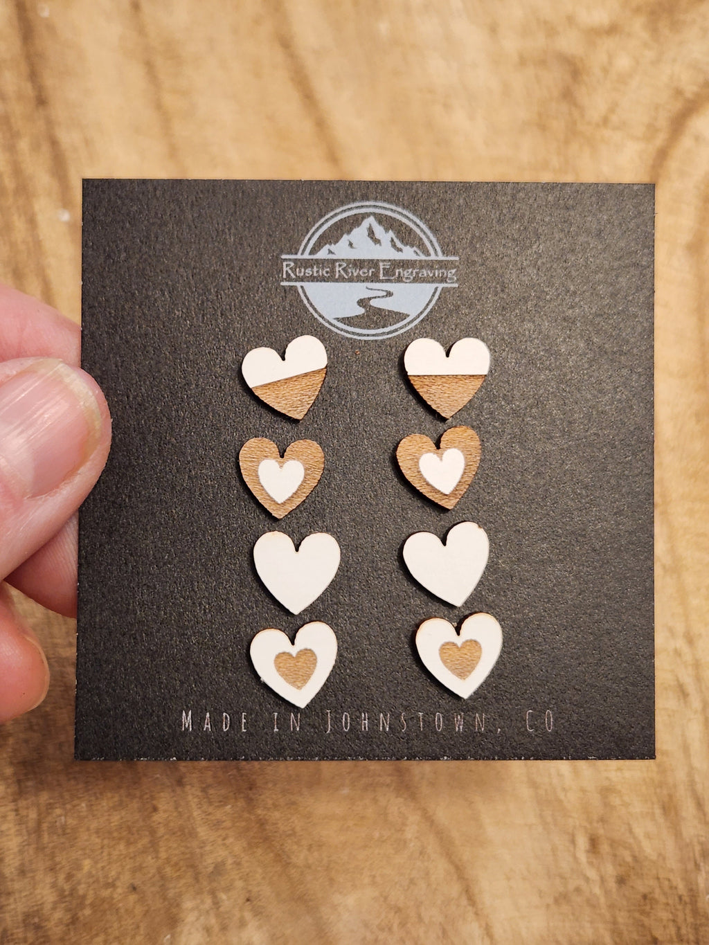 Handmade Wood Heart Studs: Laser Engraved Earrings, Hypoallergenic
