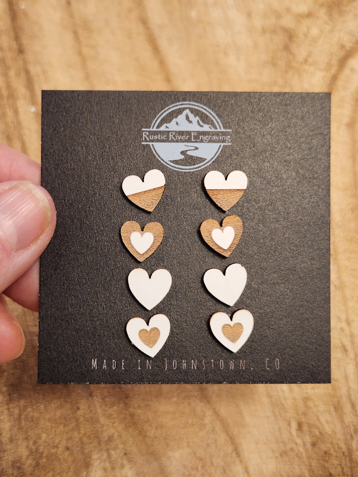 Handmade Wood Heart Studs: Laser Engraved Earrings, Hypoallergenic