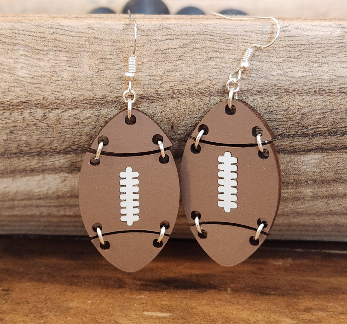 Football Dangle Earrings: Brown Lacquered Wood, Cheetah Print