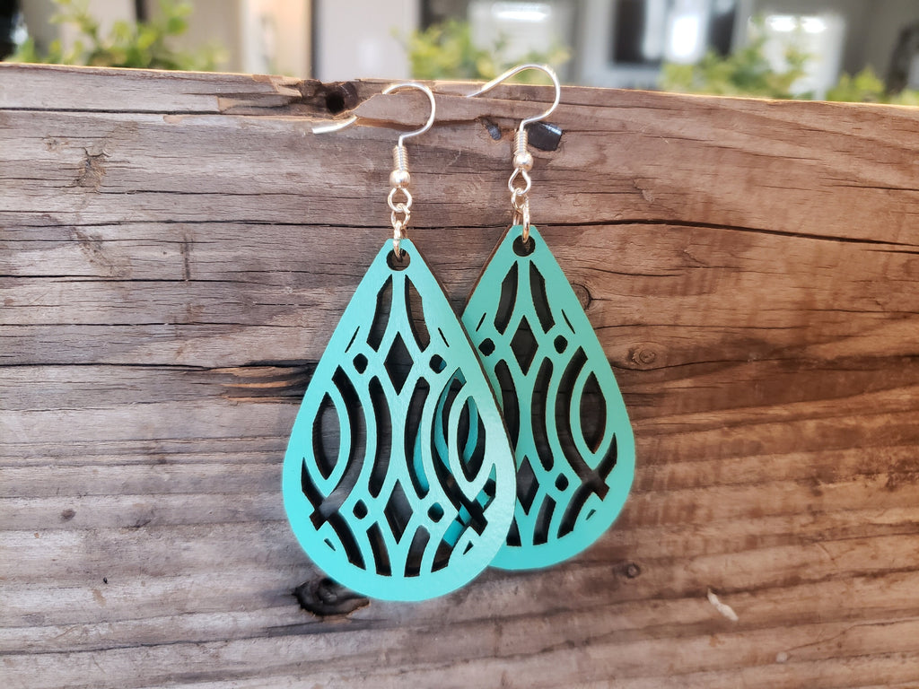 Handmade Laser Cut Teardrop Earrings: Intricate Wood Design