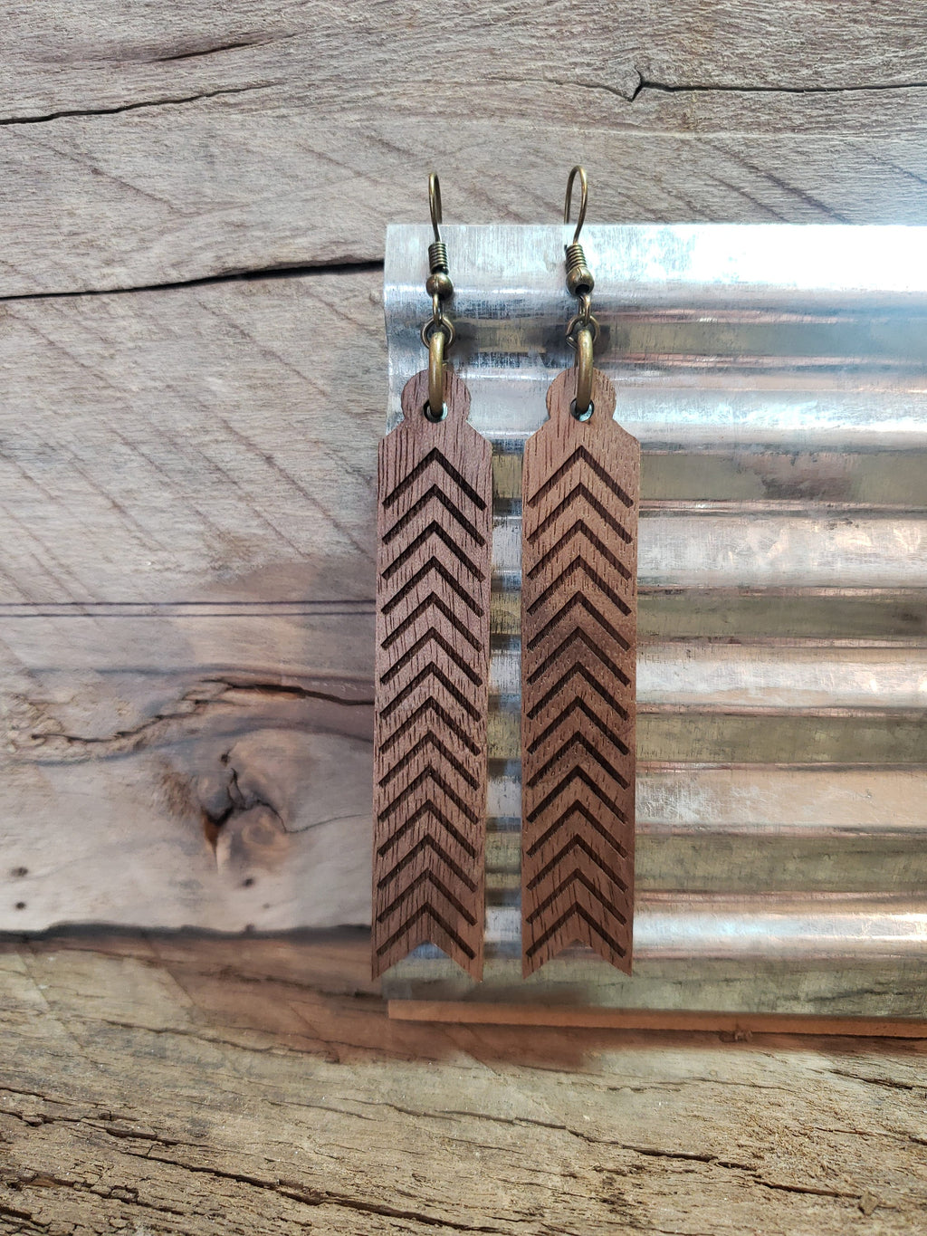 Laser Engraved Wood Arrow Earrings: Long Geometric Dangles