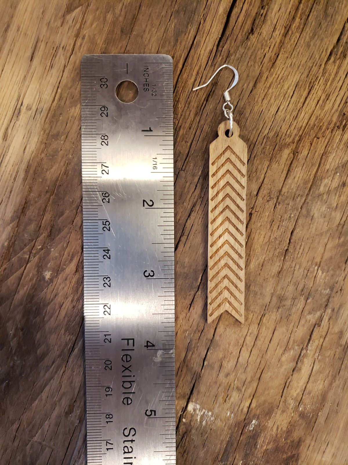 Laser Engraved Wood Arrow Earrings: Long Geometric Dangles