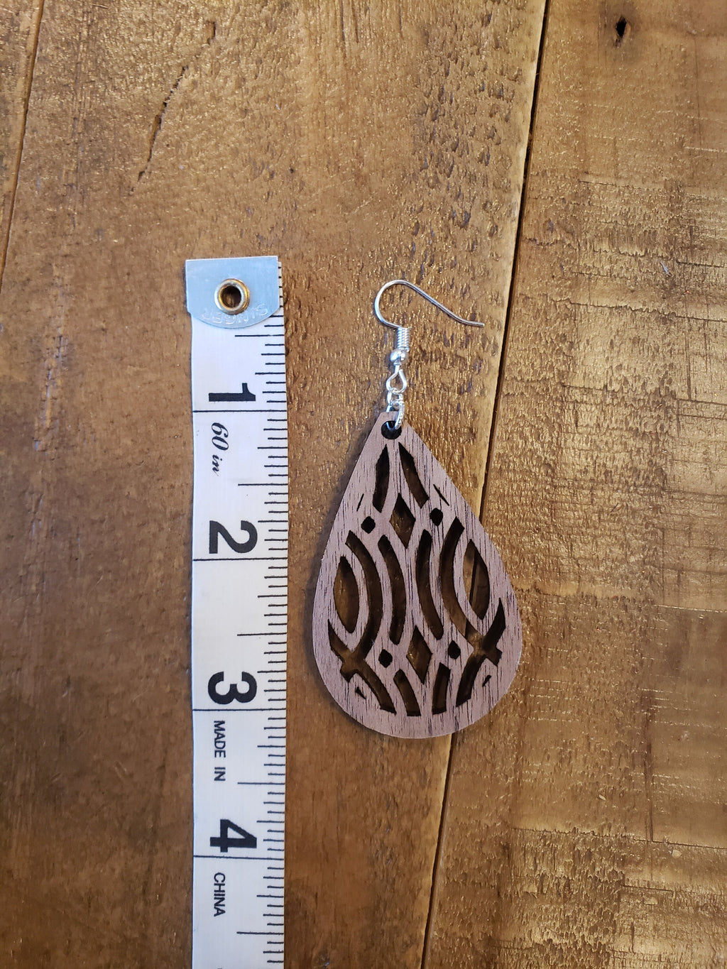 Handmade Laser Cut Teardrop Earrings: Intricate Wood Design
