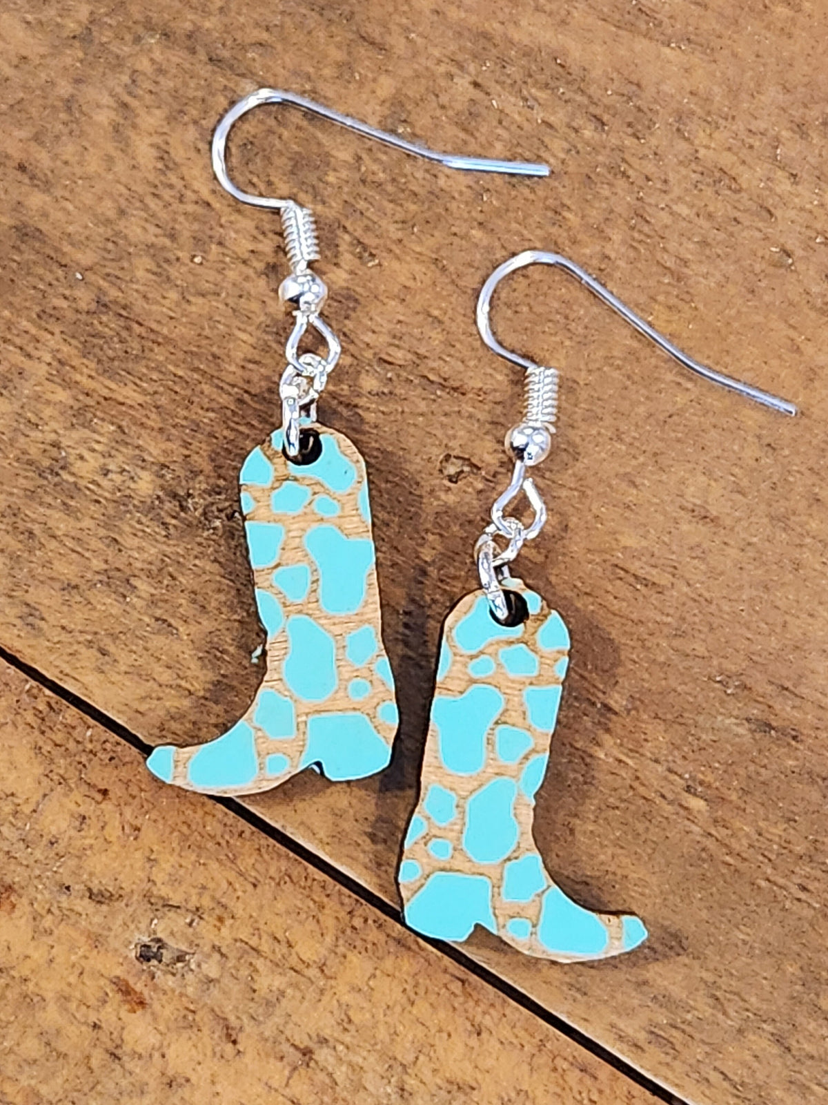 Teal Western Boot Earrings: Laser Cut Wood, Hypoallergenic