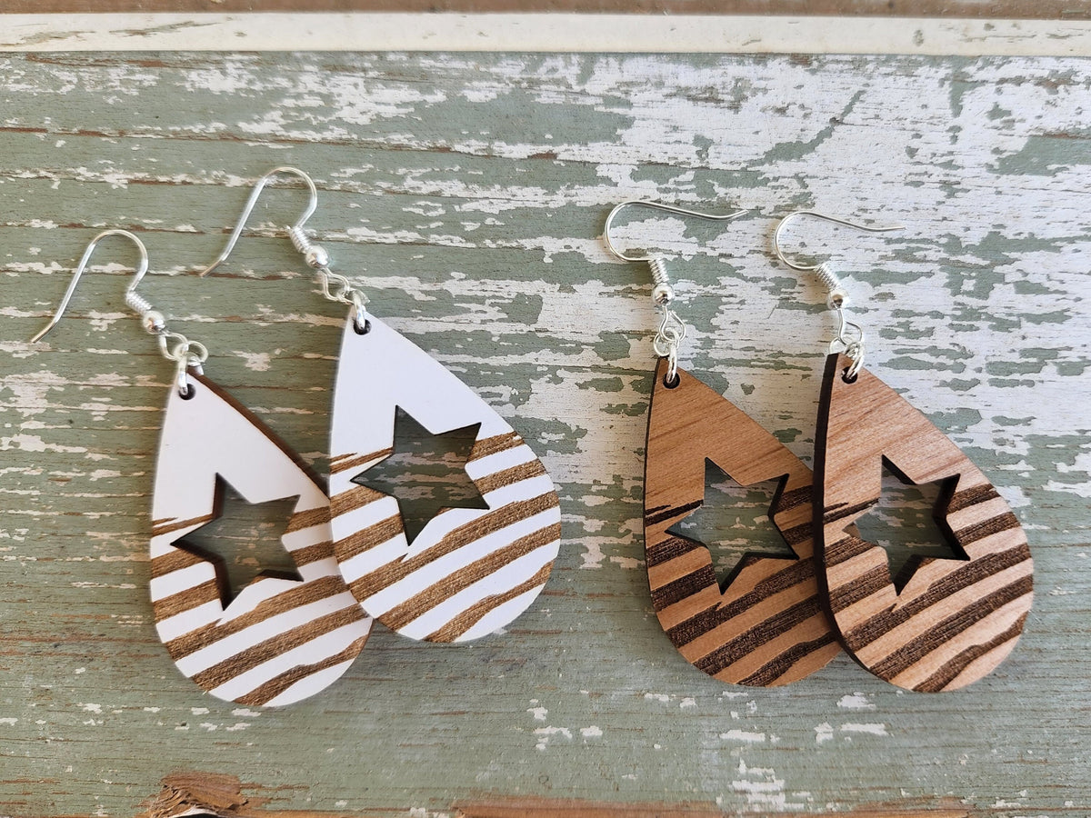 Patriotic Star Wood Earrings: Laser Cut Alder & Maple