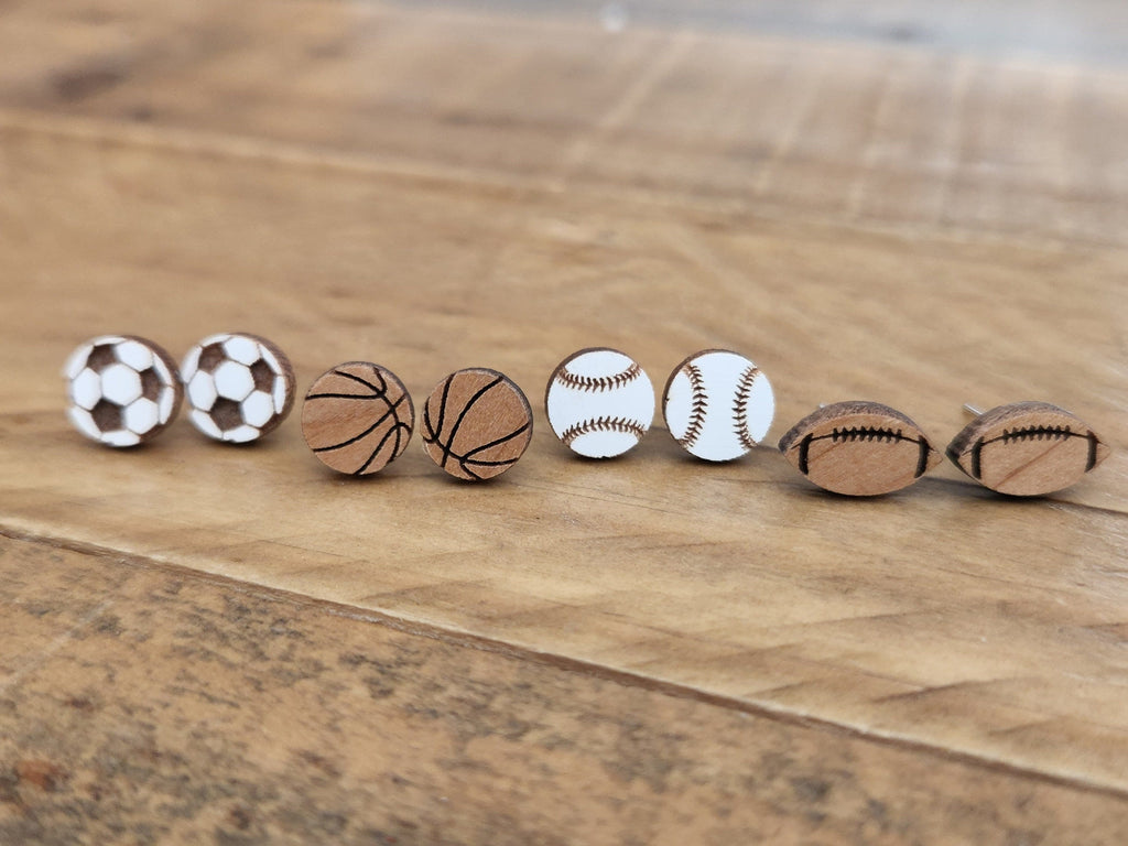 Handmade Wood Sports Stud Earrings: Baseball, Basketball, Football, Soccer