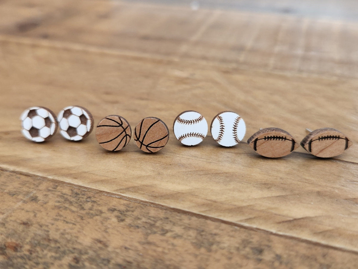 Handmade Wood Sports Stud Earrings: Baseball, Basketball, Football, Soccer