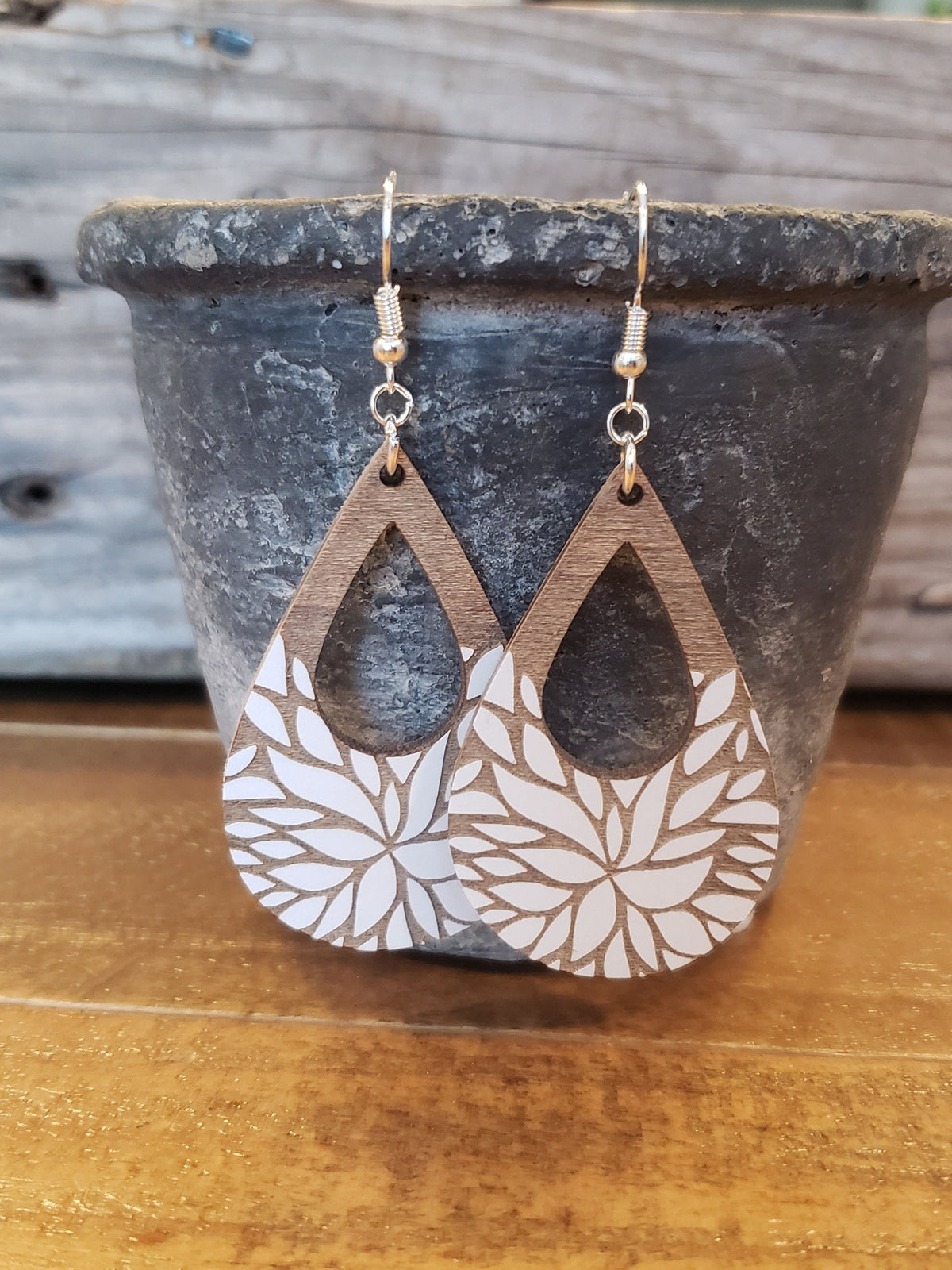 Floral Teardrop Wood Earrings: Laser Engraved, Hypoallergenic