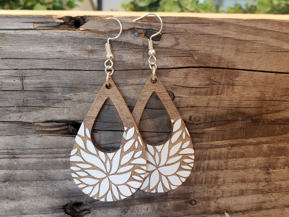 Floral Teardrop Wood Earrings: Laser Engraved, Hypoallergenic