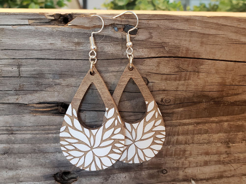 Floral Teardrop Wood Earrings: Laser Engraved, Hypoallergenic