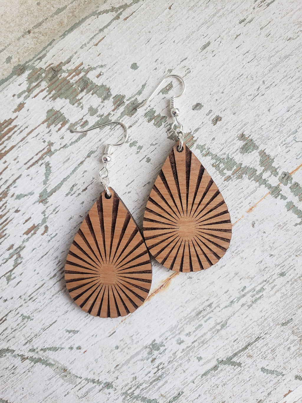 Starburst Wood Earrings: Laser Engraved Dangles