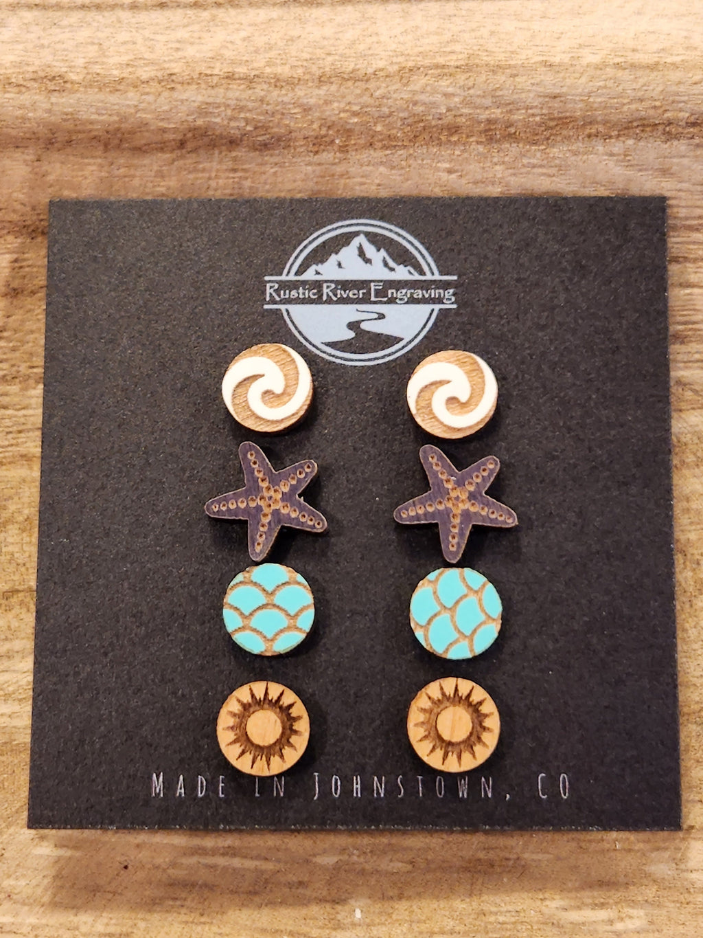 Handmade Wooden Stud Earrings: Ocean Theme, Hypoallergenic