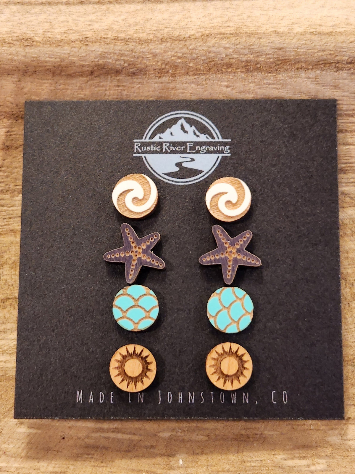 Handmade Wooden Stud Earrings: Ocean Theme, Hypoallergenic