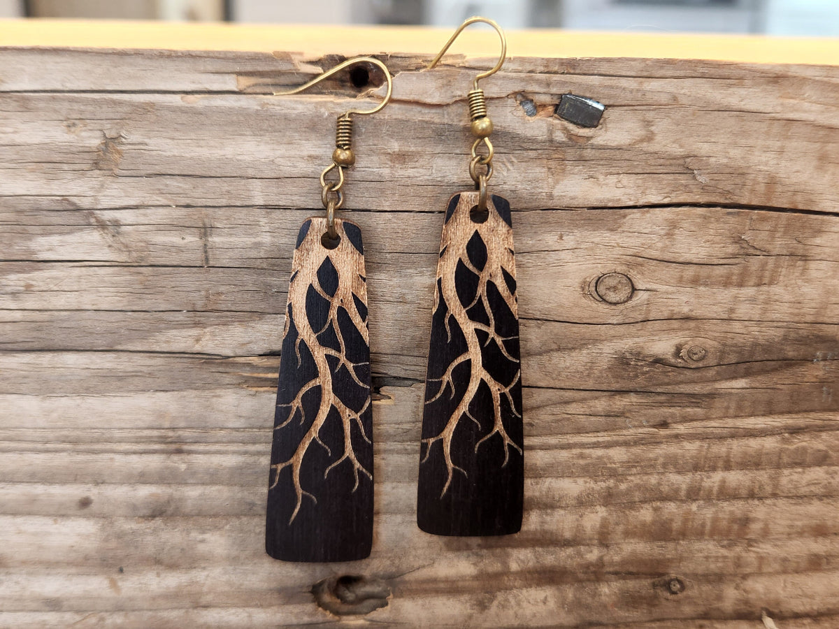 Laser Engraved Wood Roots Earrings: Hypoallergenic Dangle Earrings