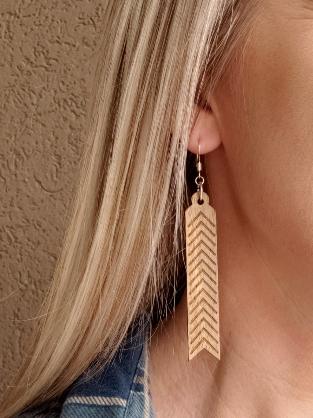 Laser Engraved Wood Arrow Earrings: Long Geometric Dangles