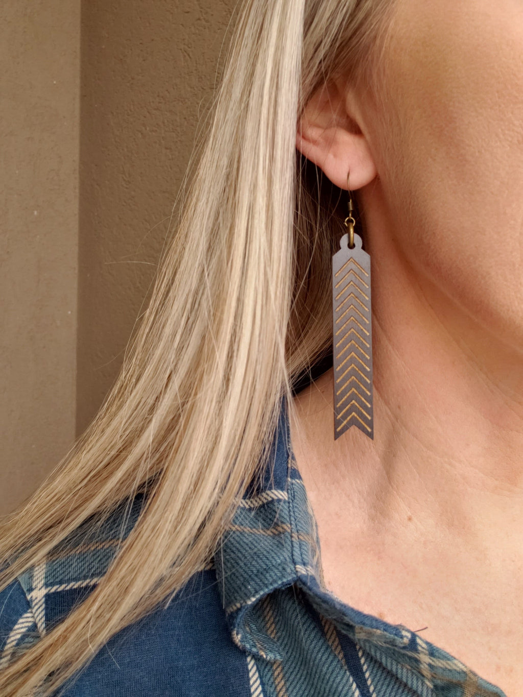 Laser Engraved Wood Arrow Earrings: Long Geometric Dangles