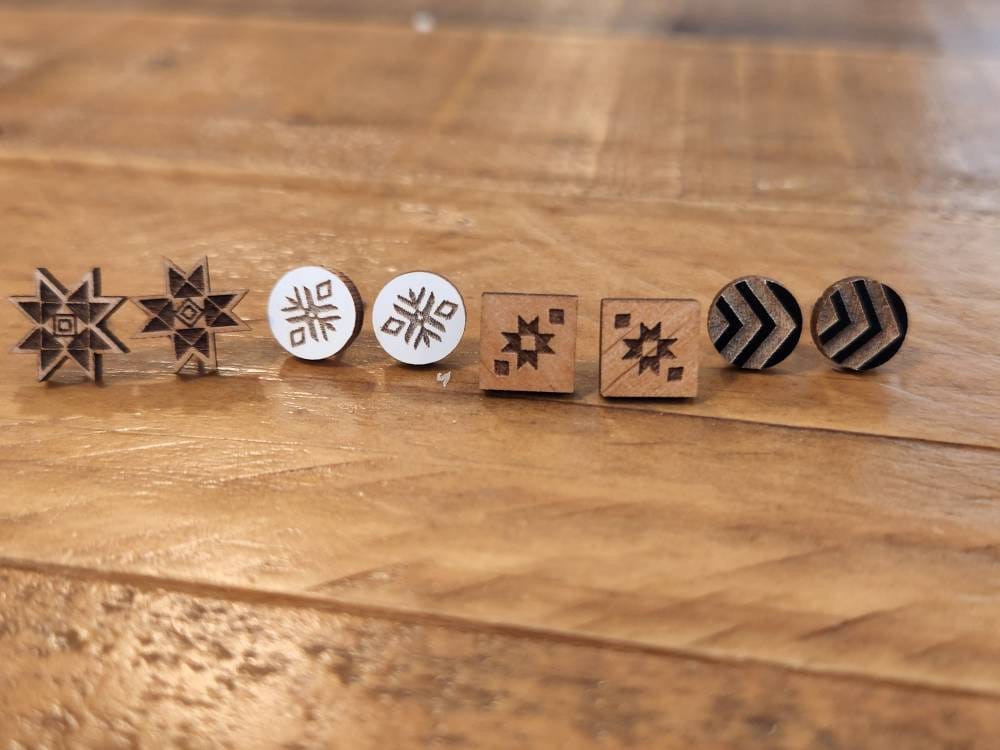 Laser Engraved Wood Aztec Stud Earrings: Hypoallergenic