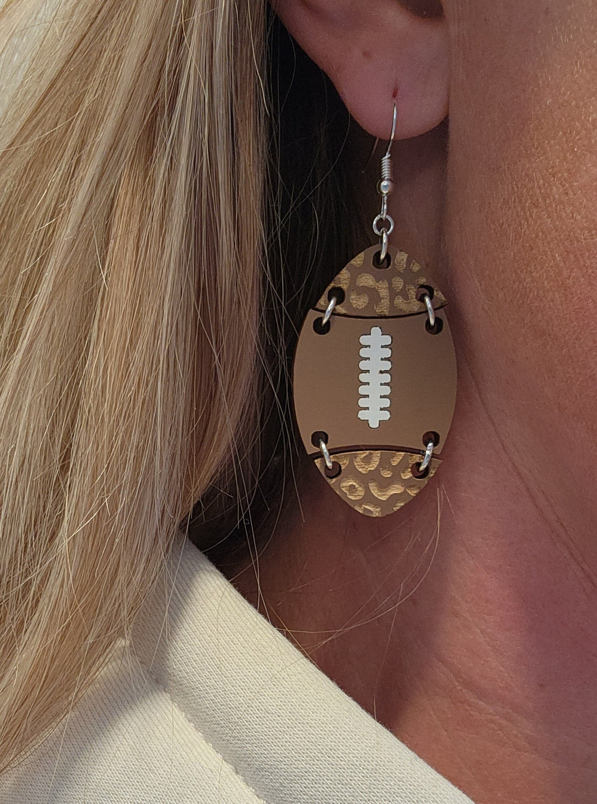 Football Dangle Earrings: Brown Lacquered Wood, Cheetah Print