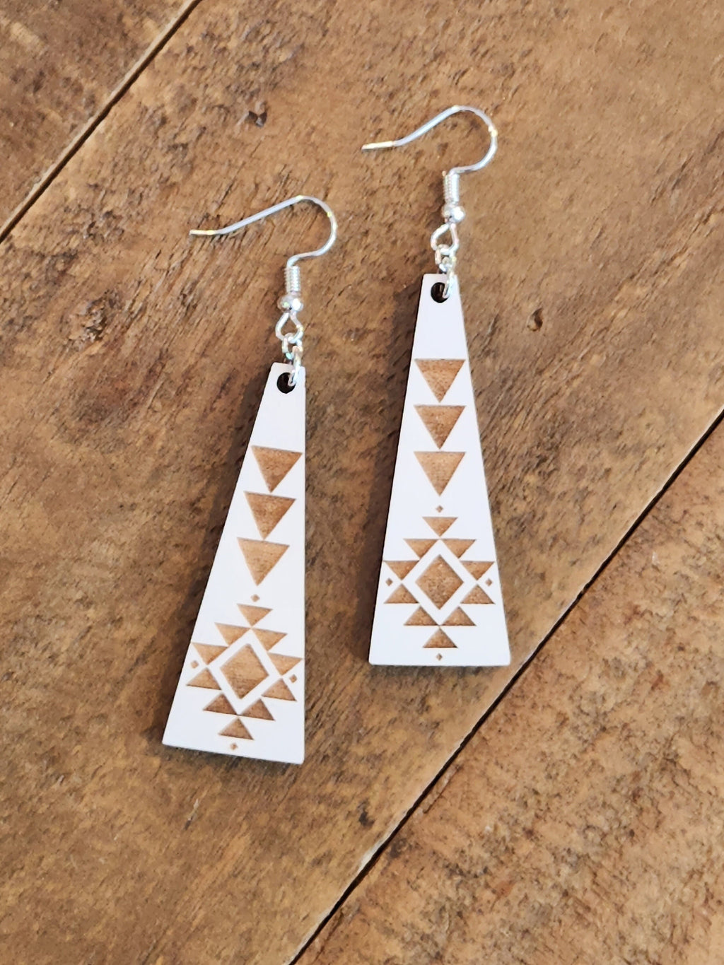 Laser Engraved Wood Triangle Earrings: Geometric Dangles