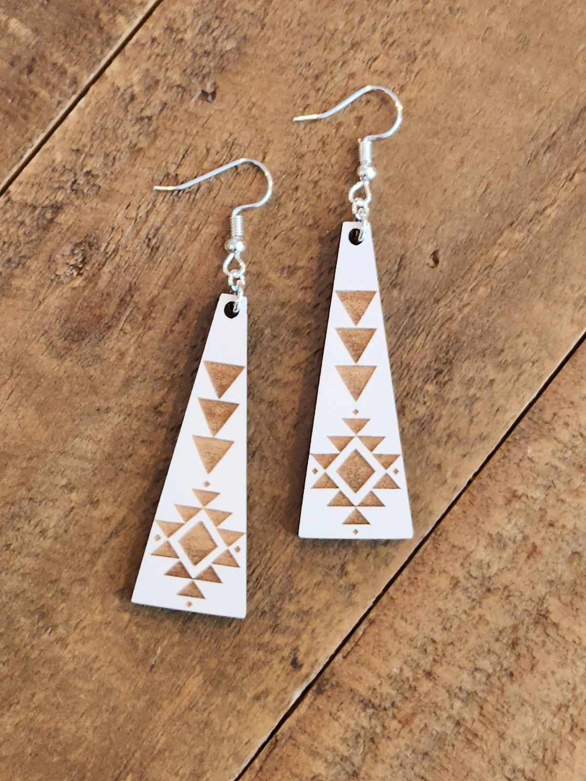 Laser Engraved Wood Triangle Earrings: Geometric Dangles