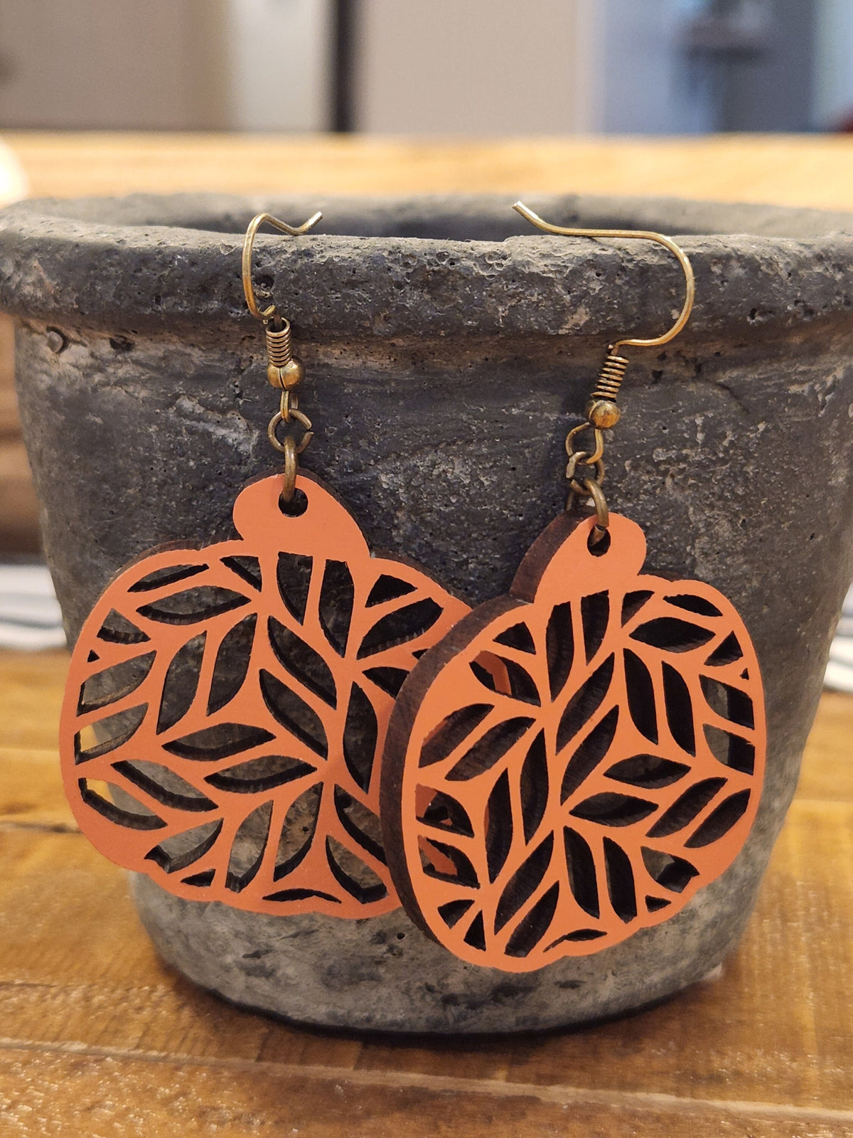 Handmade Laser Cut Wood Pumpkin Earrings: Hypoallergenic Fall Jewelry