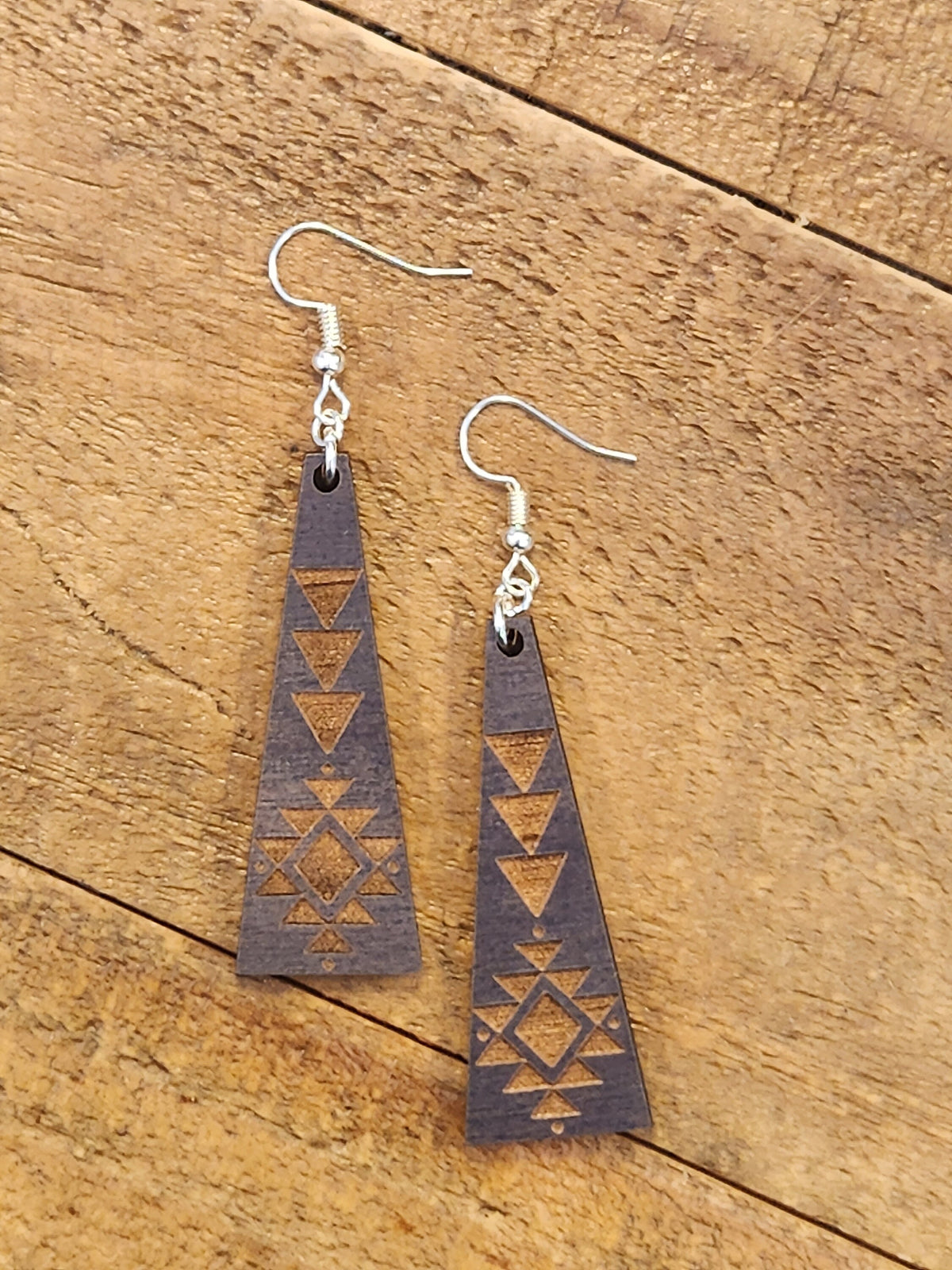 Laser Engraved Wood Triangle Earrings: Geometric Dangles
