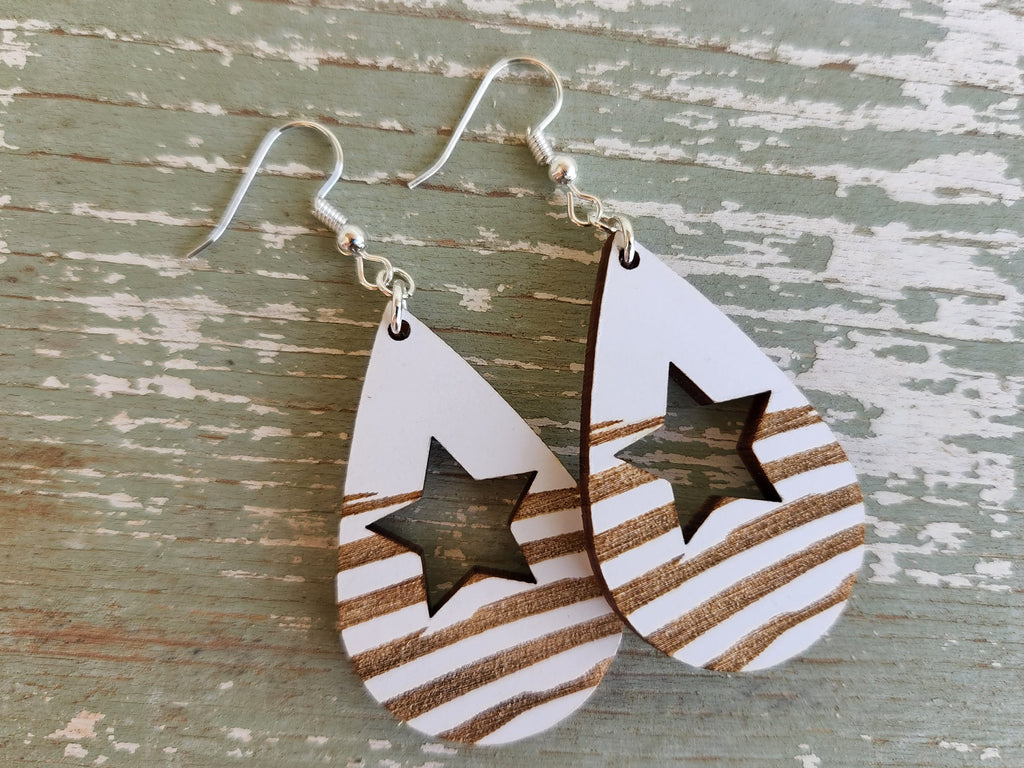Patriotic Star Wood Earrings: Laser Cut Alder & Maple