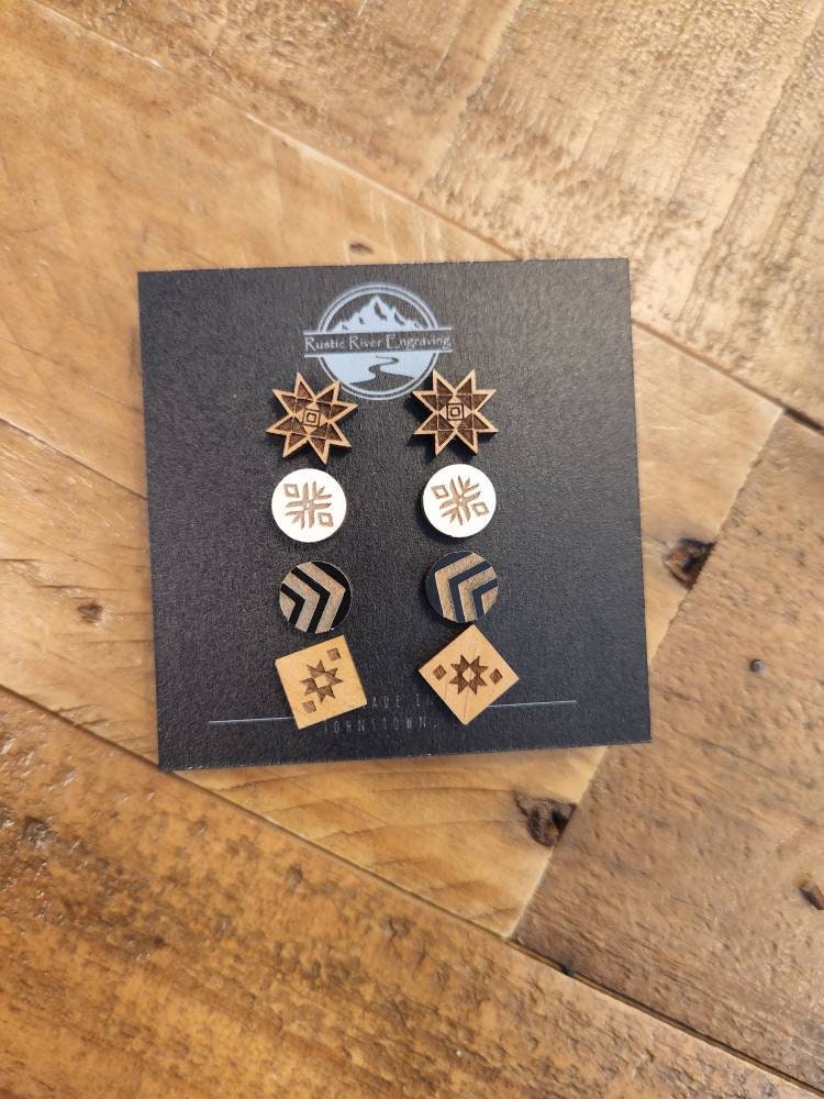 Laser Engraved Wood Aztec Stud Earrings: Hypoallergenic