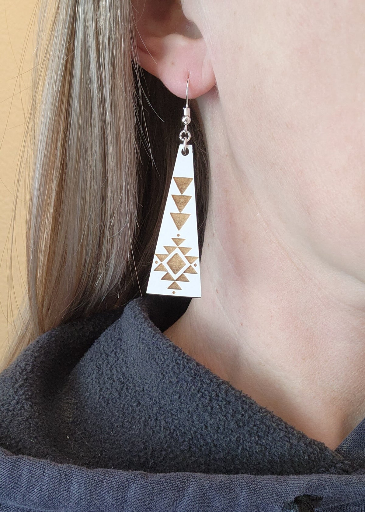 Laser Engraved Wood Triangle Earrings: Geometric Dangles
