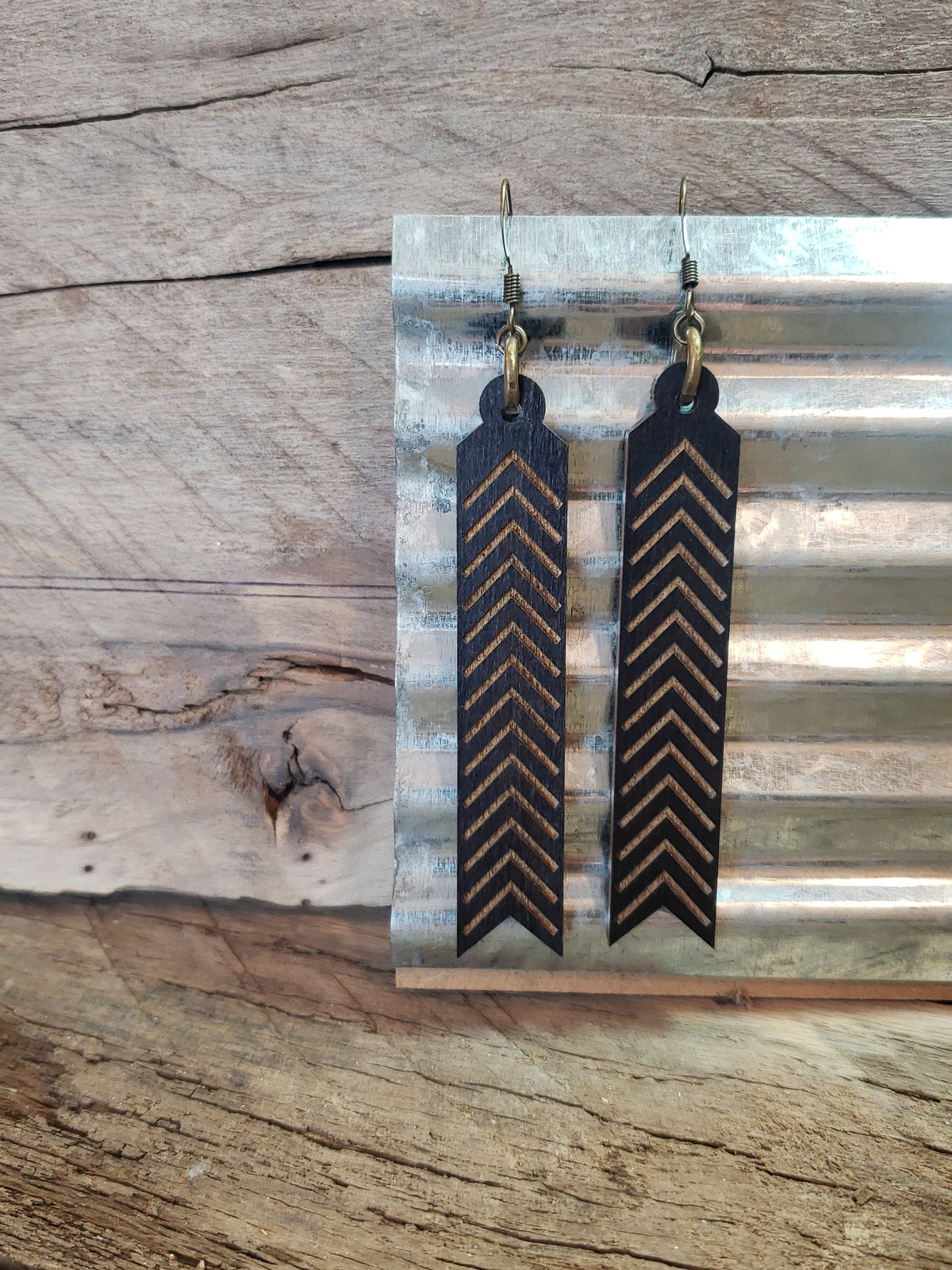 Laser Engraved Wood Arrow Earrings: Long Geometric Dangles