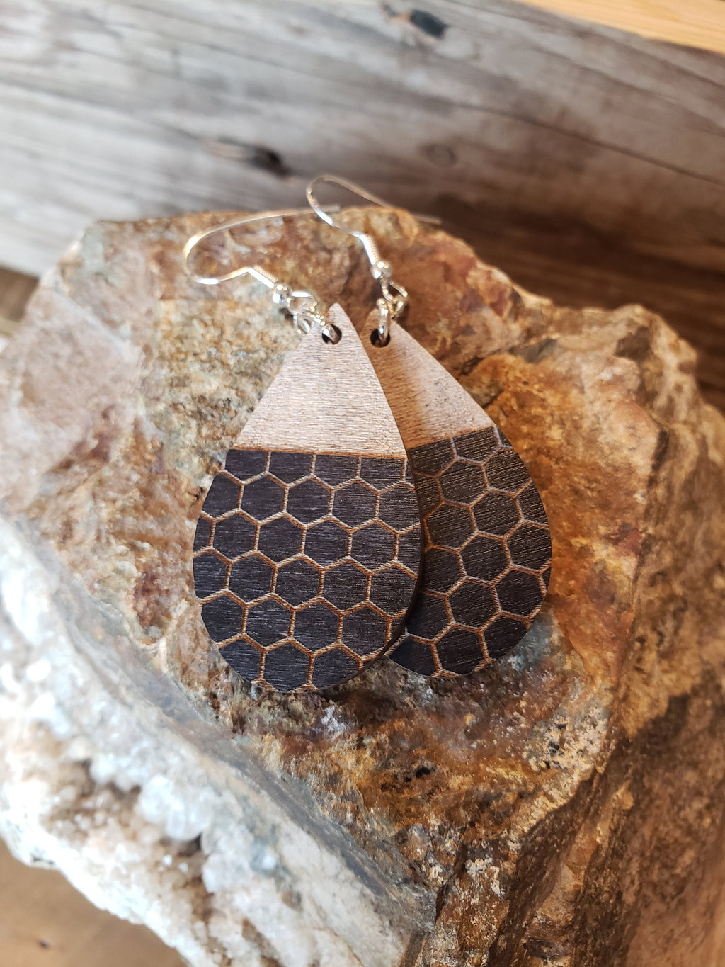 Teardrop Honeycomb Wood Earrings: Laser Engraved, Hypoallergenic