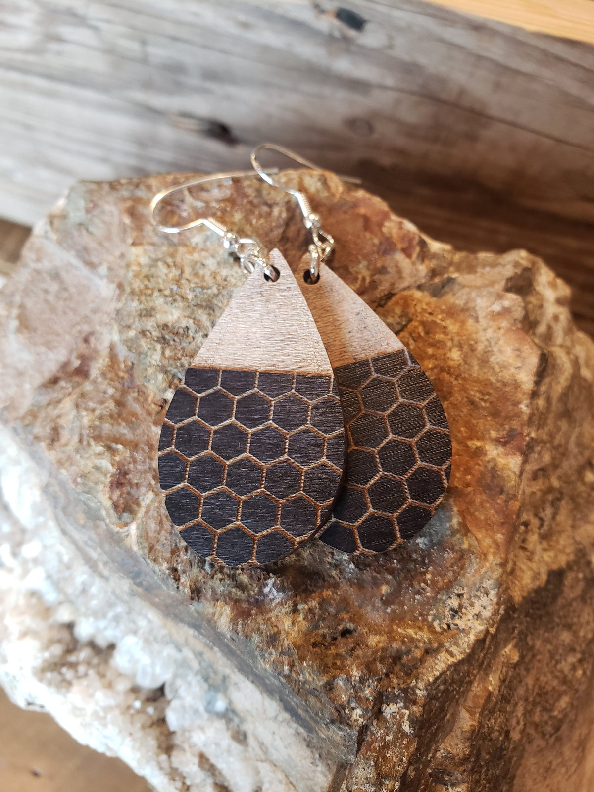 Teardrop Honeycomb Wood Earrings: Laser Engraved, Hypoallergenic