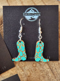 Teal Western Boot Earrings: Laser Cut Wood, Hypoallergenic