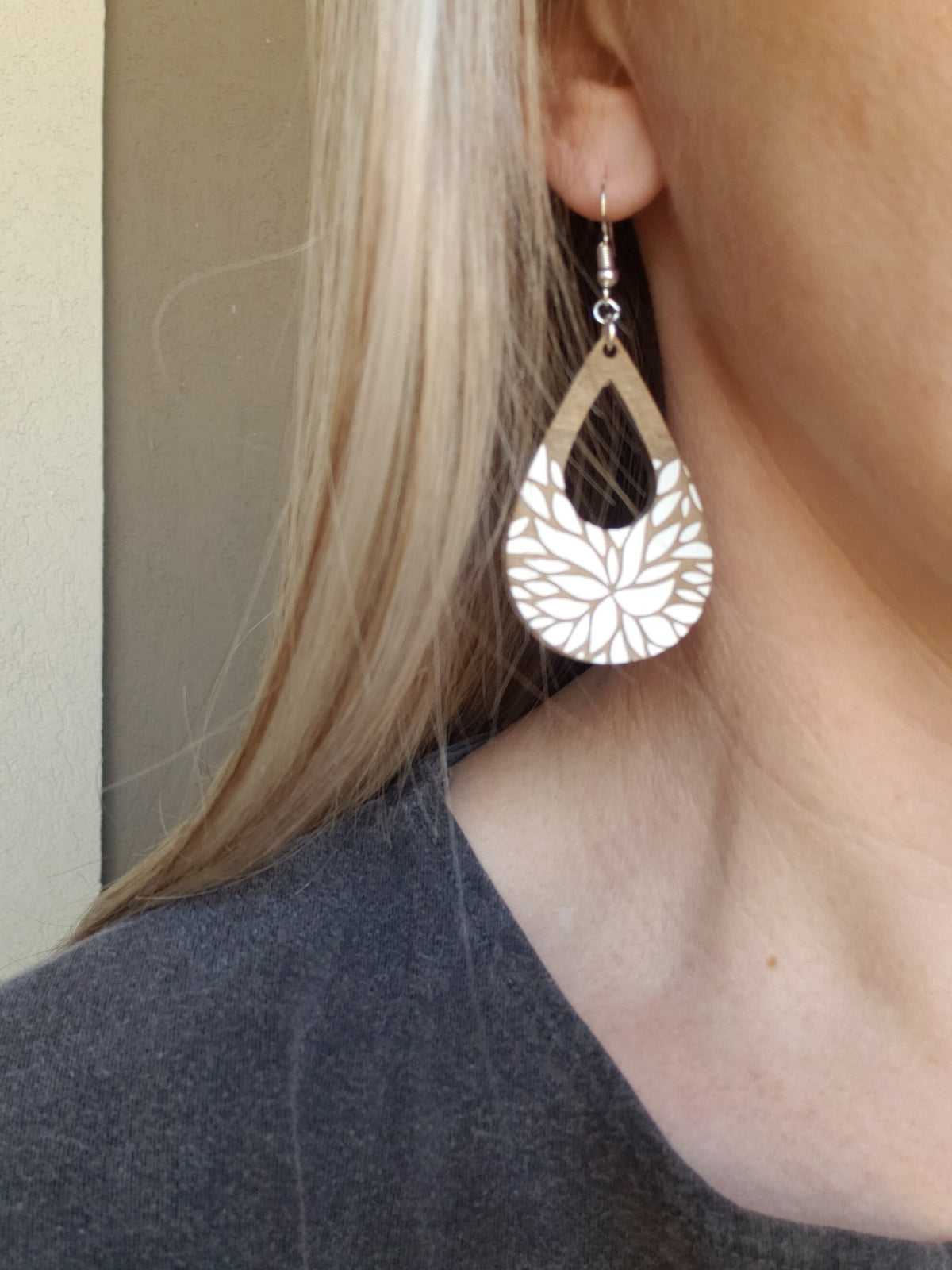 Floral Teardrop Wood Earrings: Laser Engraved, Hypoallergenic