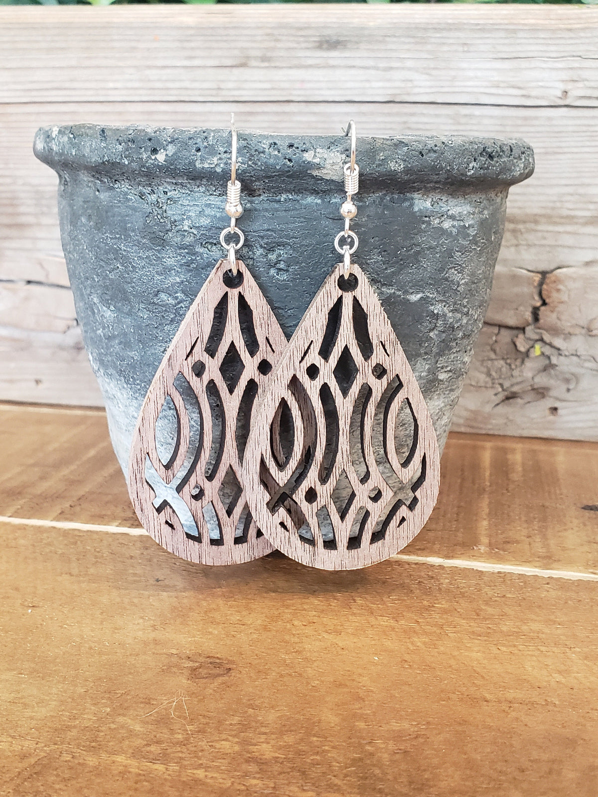 Handmade Laser Cut Teardrop Earrings: Intricate Wood Design