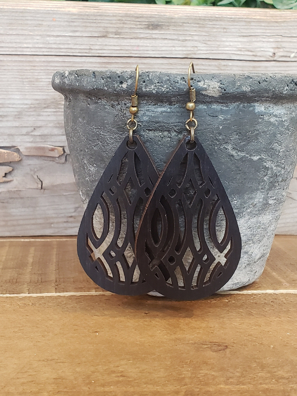 Handmade Laser Cut Teardrop Earrings: Intricate Wood Design