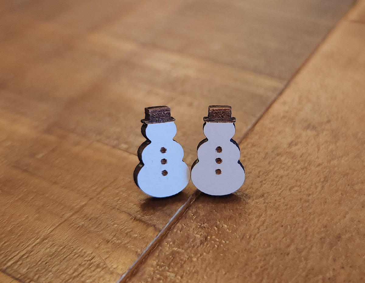 Holiday Wood Stud Earrings: Snowman, Tree, Light, Snowflake - Set of 4