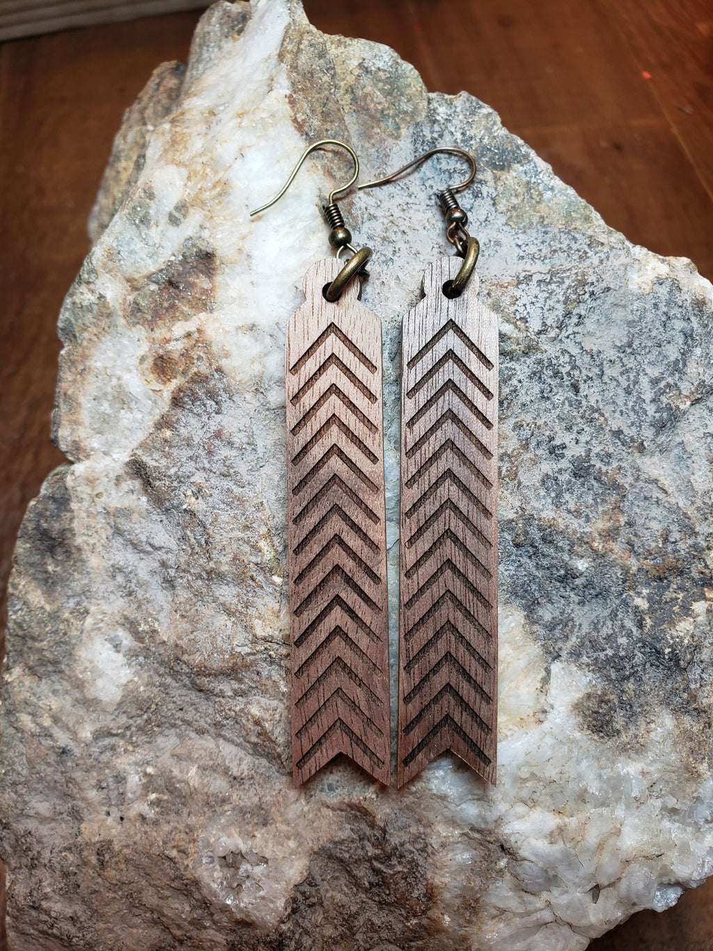 Laser Engraved Wood Arrow Earrings: Long Geometric Dangles