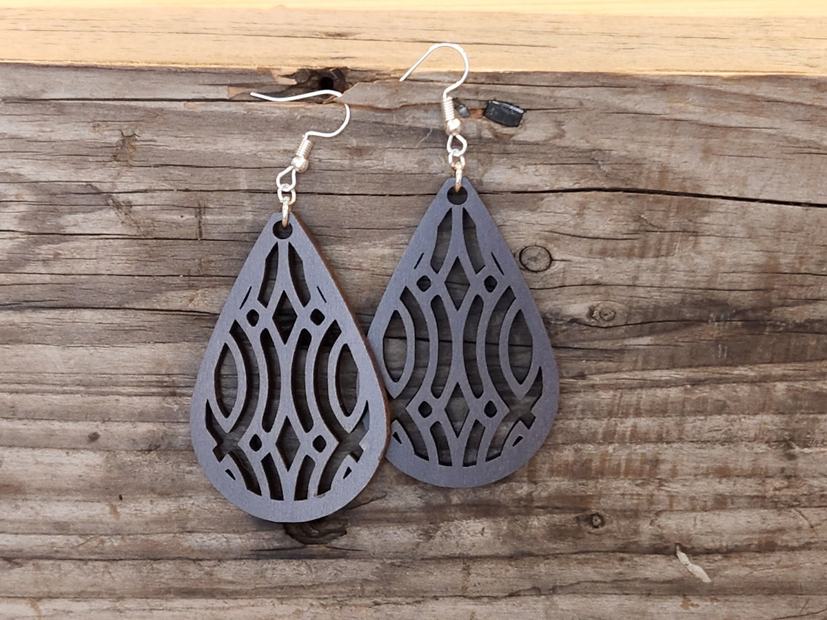 Handmade Laser Cut Teardrop Earrings: Intricate Wood Design