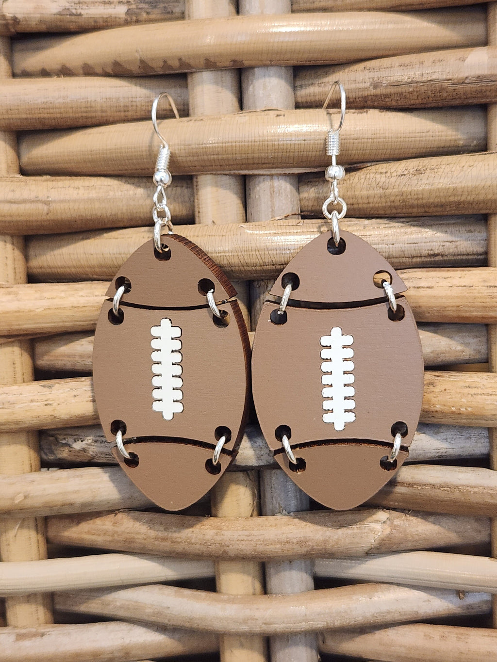 Football Dangle Earrings: Brown Lacquered Wood, Cheetah Print