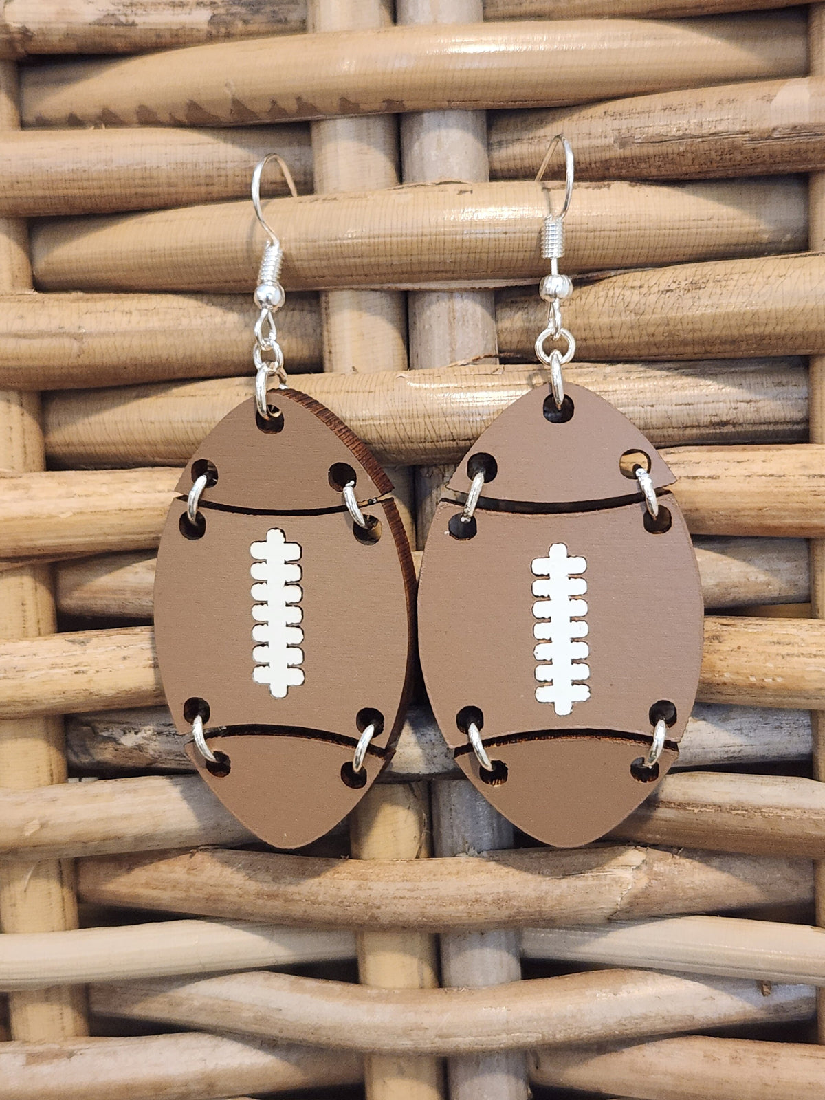Football Dangle Earrings: Brown Lacquered Wood, Cheetah Print