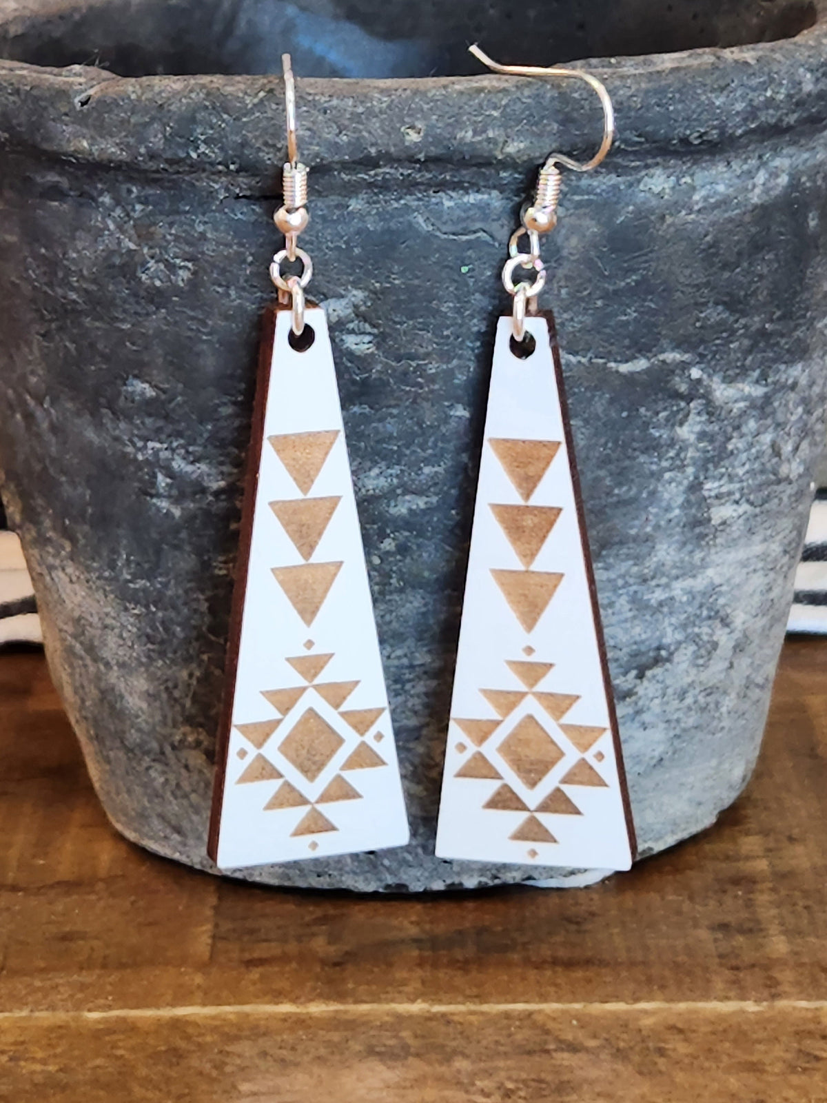 Laser Engraved Wood Triangle Earrings: Geometric Dangles