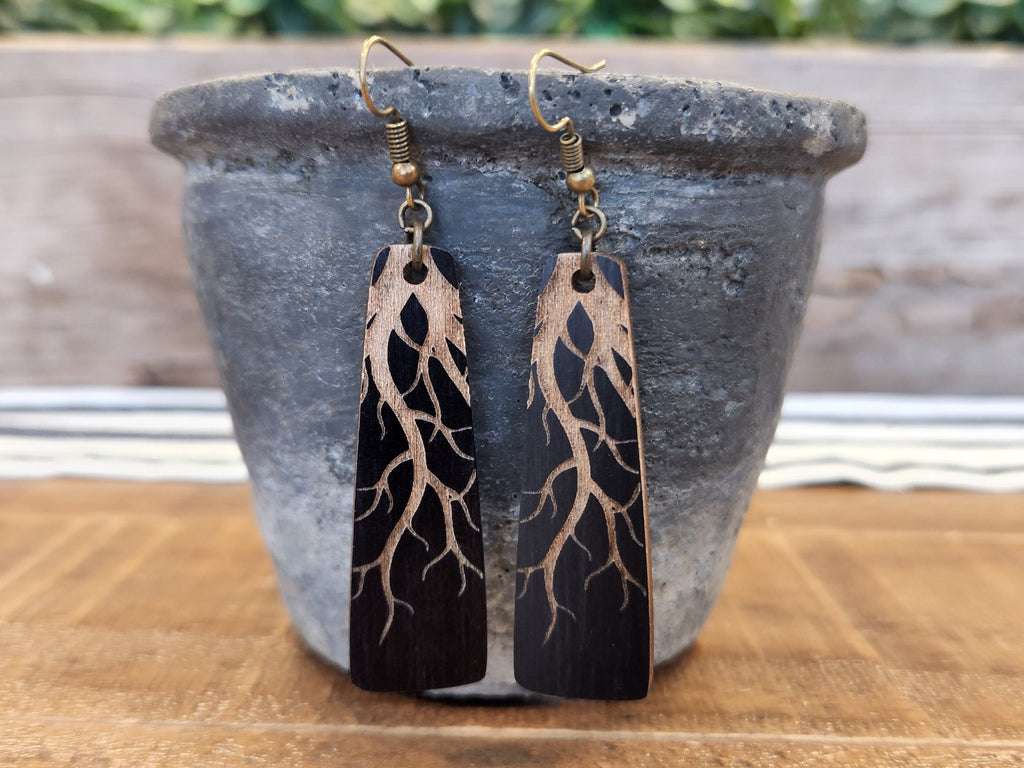 Laser Engraved Wood Roots Earrings: Hypoallergenic Dangle Earrings